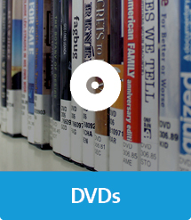 Graphic of DVDs with text and icon